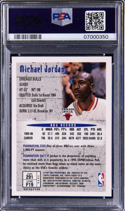 1996-97 Topps Finest Refractor W/Coating #291 Michael Jordan - PSA 10