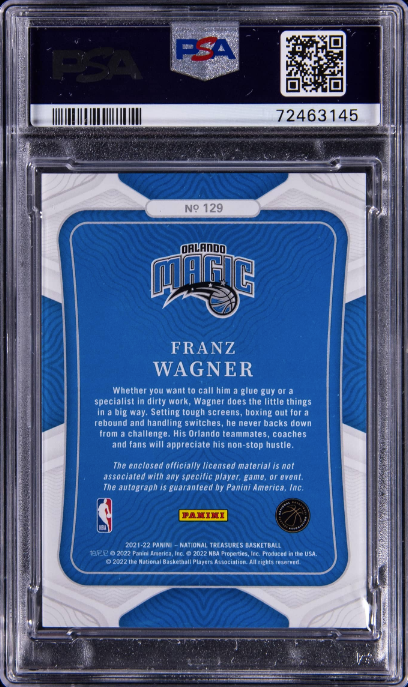 2021 Panini National Treasures #129 Franz Wagner Signed Patch Rookie Card - PSA MINT 9